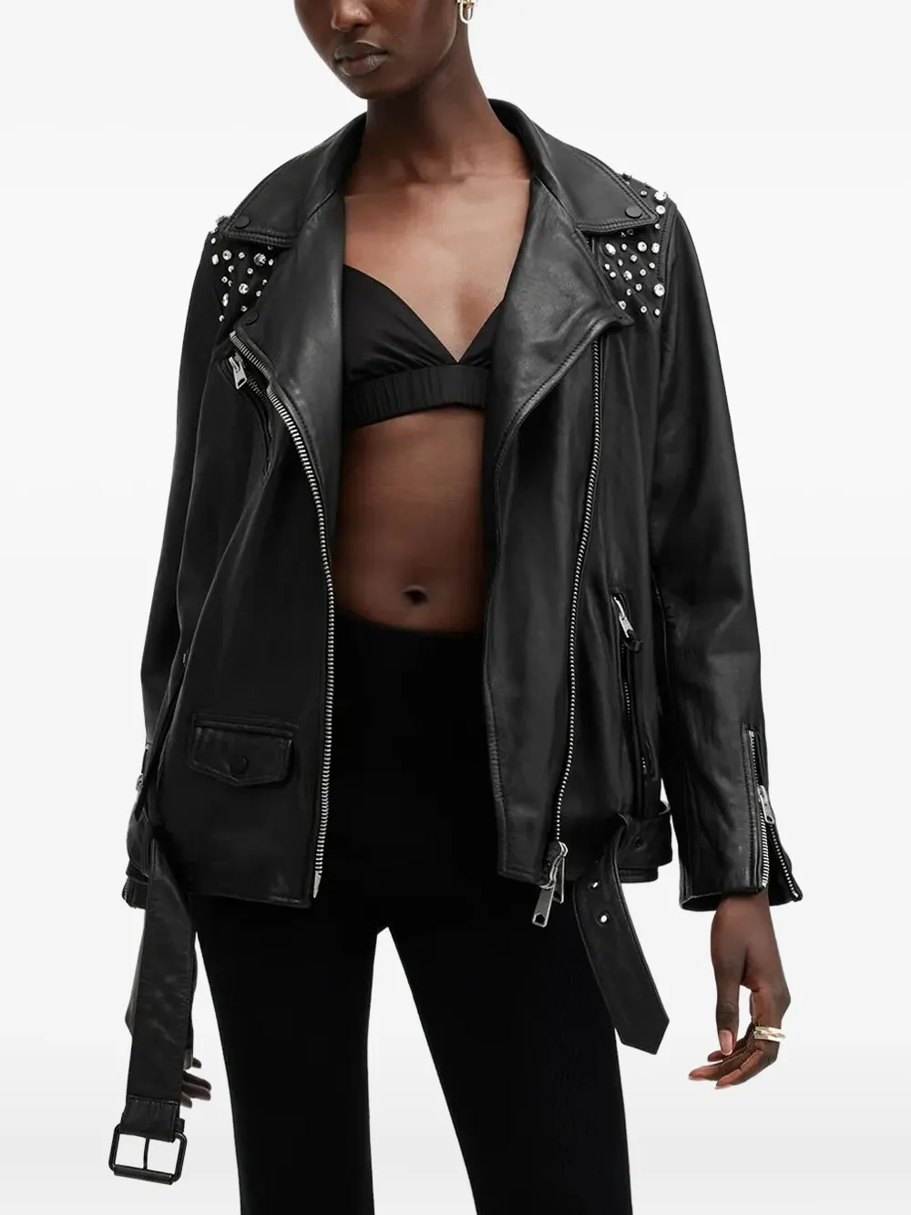AllSaints Billie verfraaid leren jack Zwart