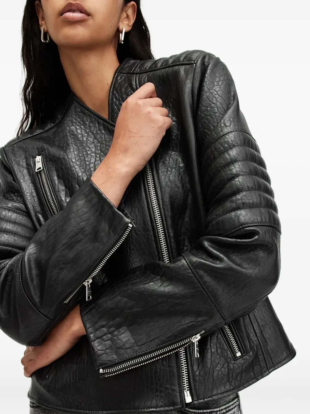 Allsaints Cawley Funnel Neck Leather Biker Jacket In Black