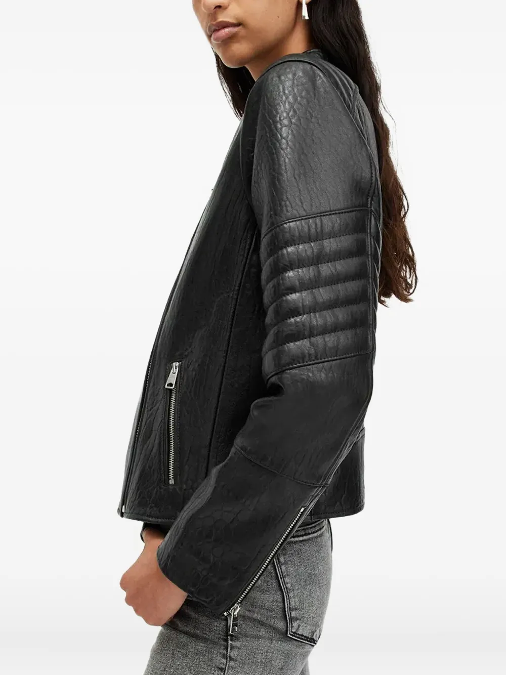 Allsaints Cawley Funnel Neck Leather Biker Jacket In Black