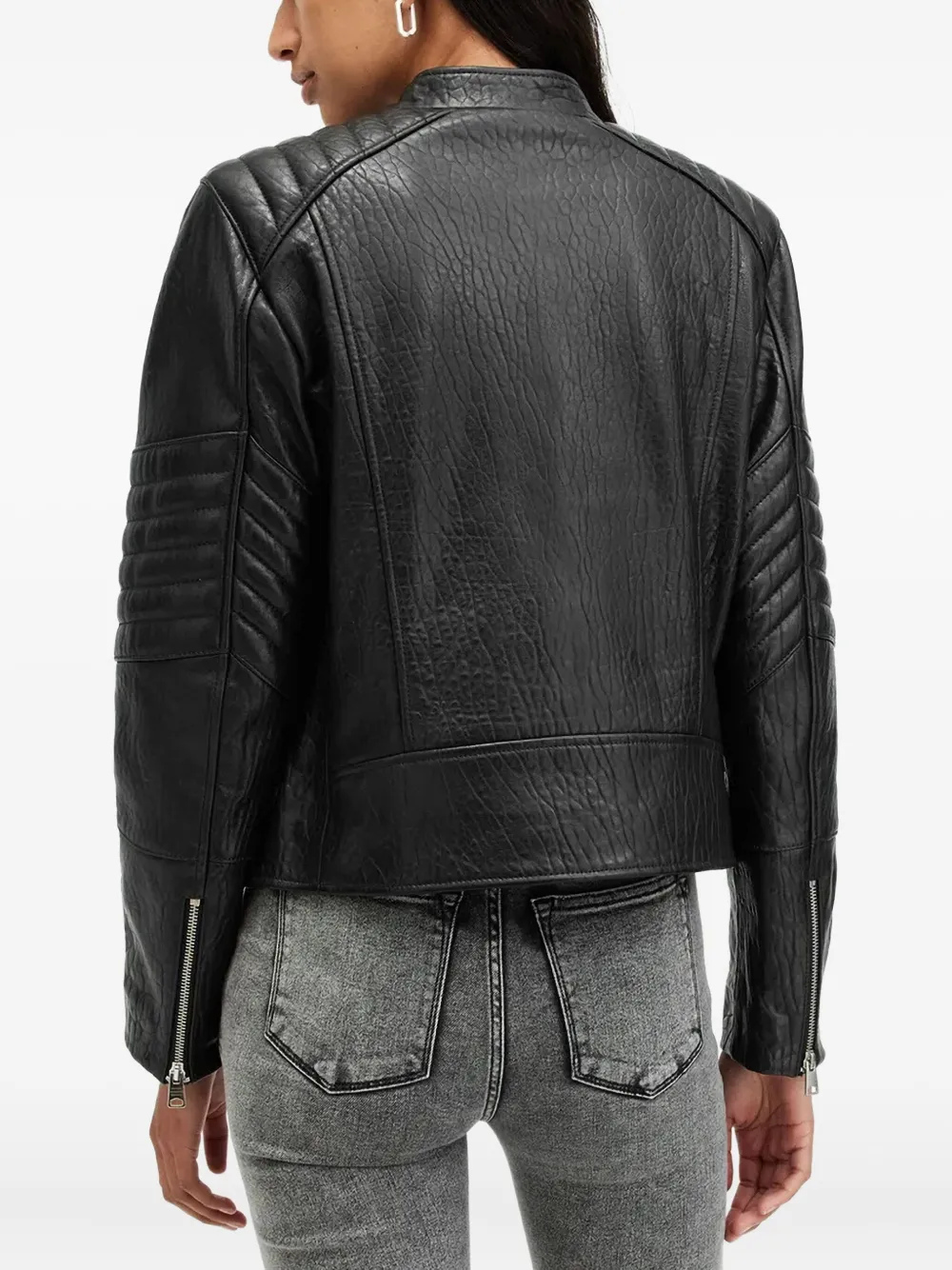 Allsaints Cawley Funnel Neck Leather Biker Jacket In Black