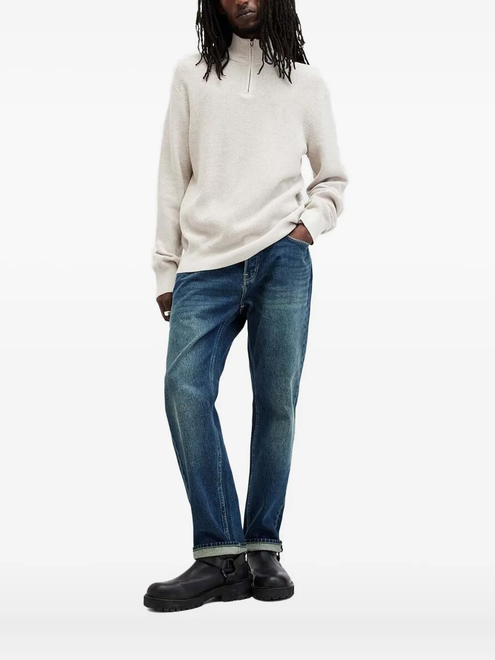 AllSaints Wafelgebreide trui met halve rits Beige
