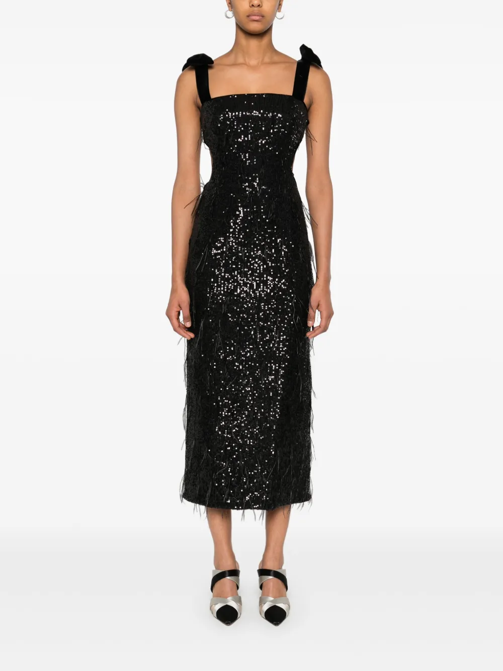 NISSA feather-detailing sequinned midi dress - Zwart