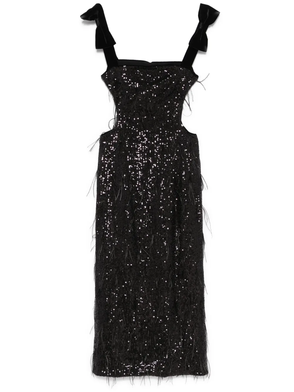 feather-detailing sequinned midi dress