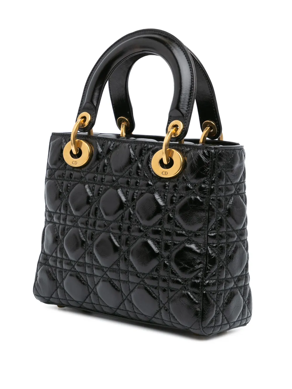Pre-owned Dior 2018 Small Crinkled Patent Cannage My Abc Lady Satchel In Black