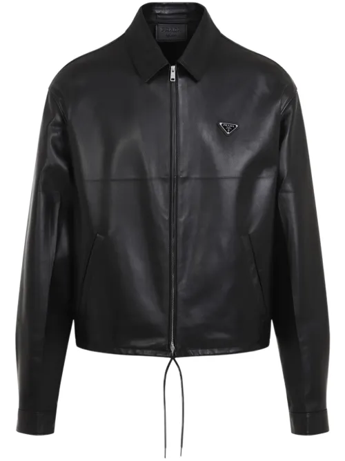 Veste en cuir à plaque logo - Prada - Modalova