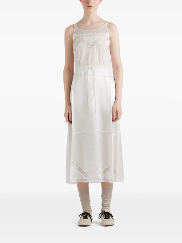【プラダ・PRADA】Embroidered lace midi-dress Prada Linen Midi Dress with Lace Embroidery - Bergdorf Goodman