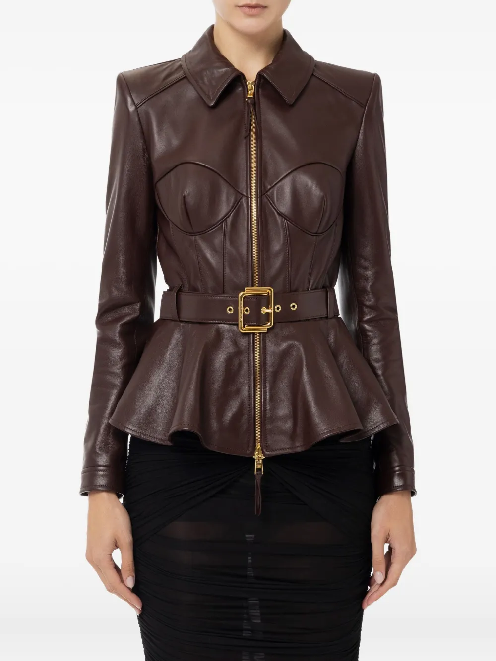 Elisabetta Franchi جاكيت جلد بحزام خصر | بني | Image 1