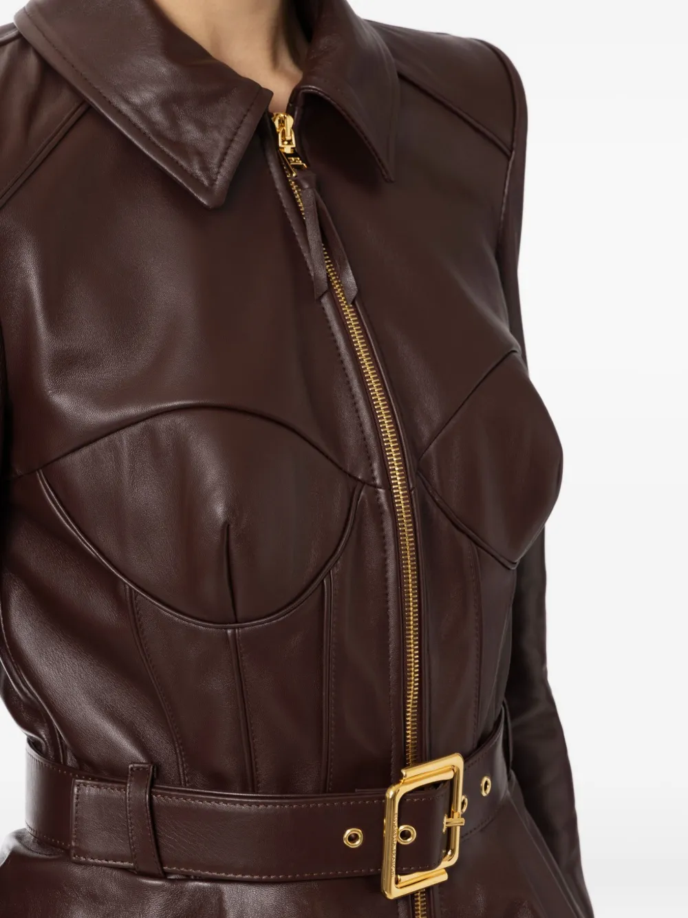 Elisabetta Franchi Belted-waist Leather Jacket In Brown