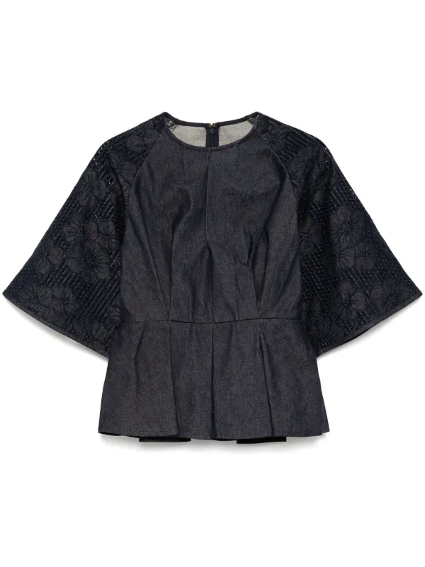 Elie Saab Denim Embroidered Top in Blue