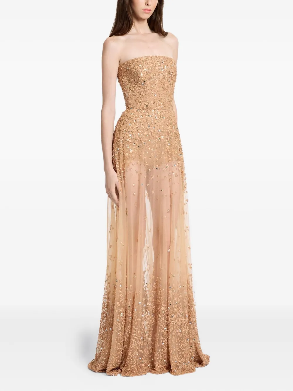 Elie Saab Strapless Beaded Embroidered Gown In Gold