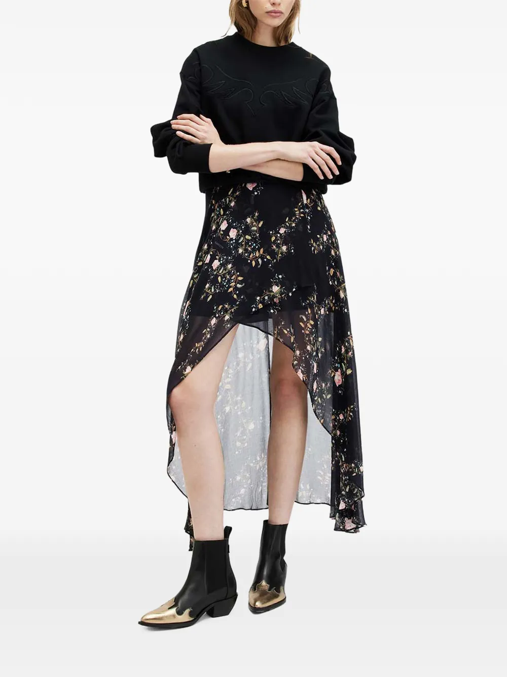 Allsaints Slvina Oto Floral-detail Asymmetrical Skirt In Black
