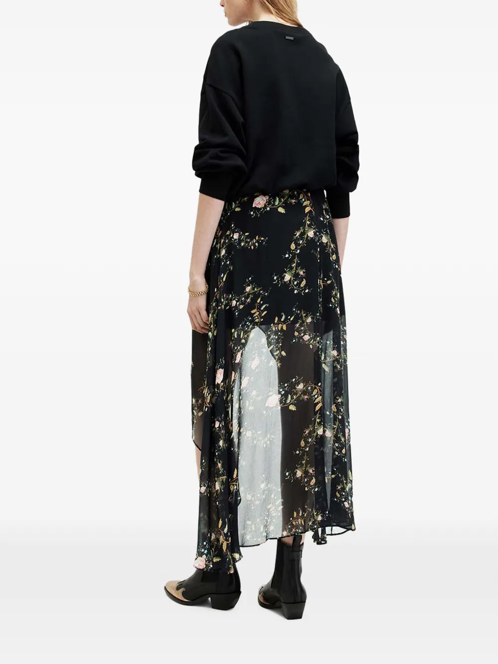 Allsaints Slvina Oto Floral-detail Asymmetrical Skirt In Black