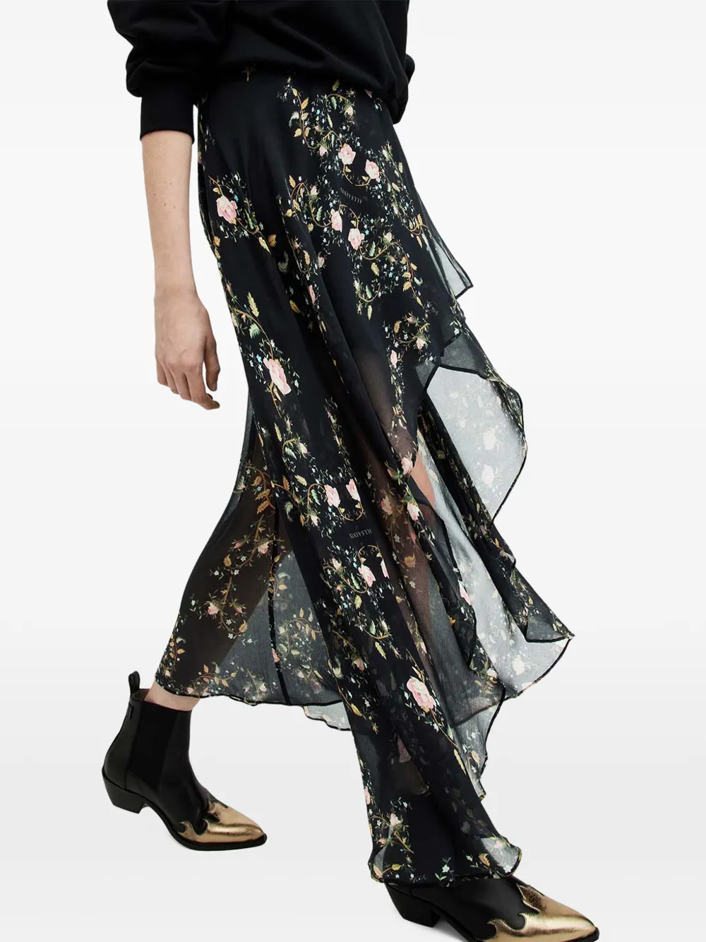 Allsaints Slvina Oto Floral-detail Asymmetrical Skirt In Black