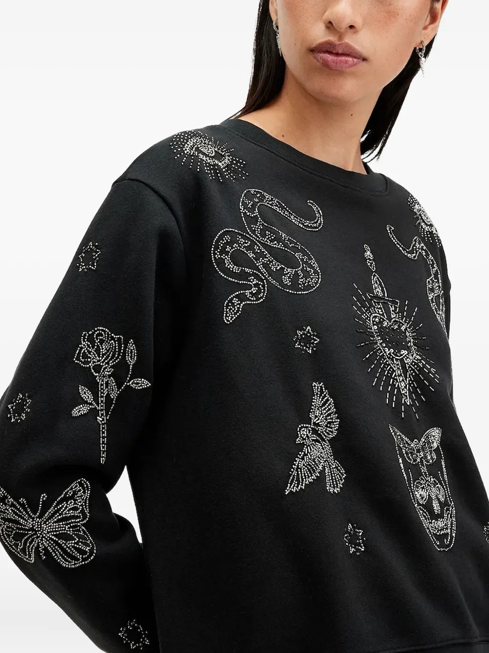 Allsaints Pippa Embellished Relaxed Fit Sweatshirt In Black