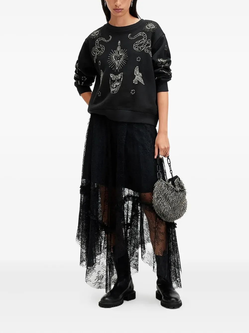 Allsaints Pippa Embellished Relaxed Fit Sweatshirt In Black
