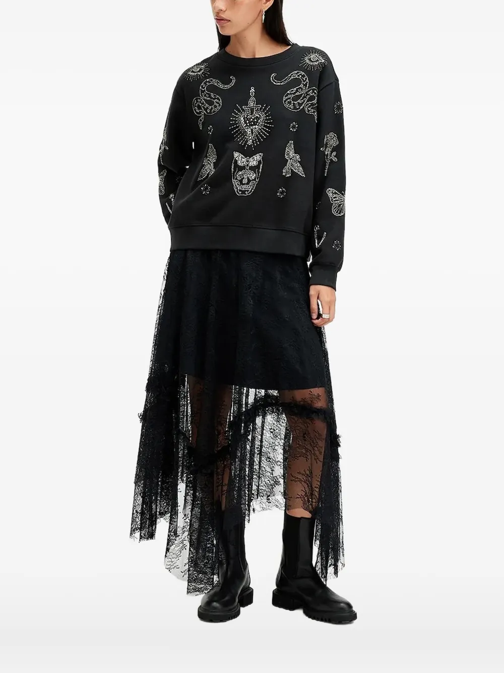 Allsaints Pippa Embellished Relaxed Fit Sweatshirt In Black