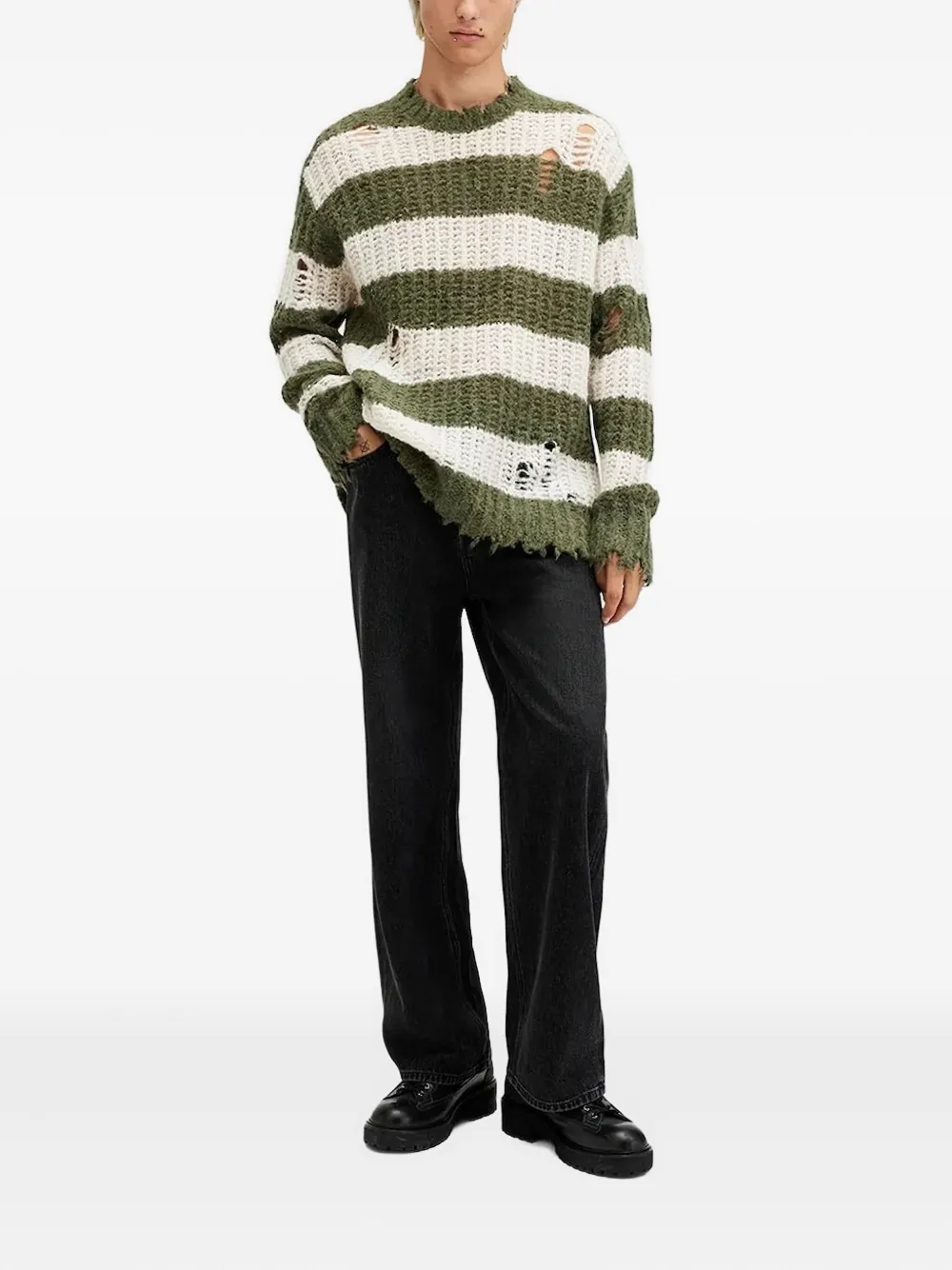 AllSaints Sid striped-pattern distressed knitted sweater - Groen