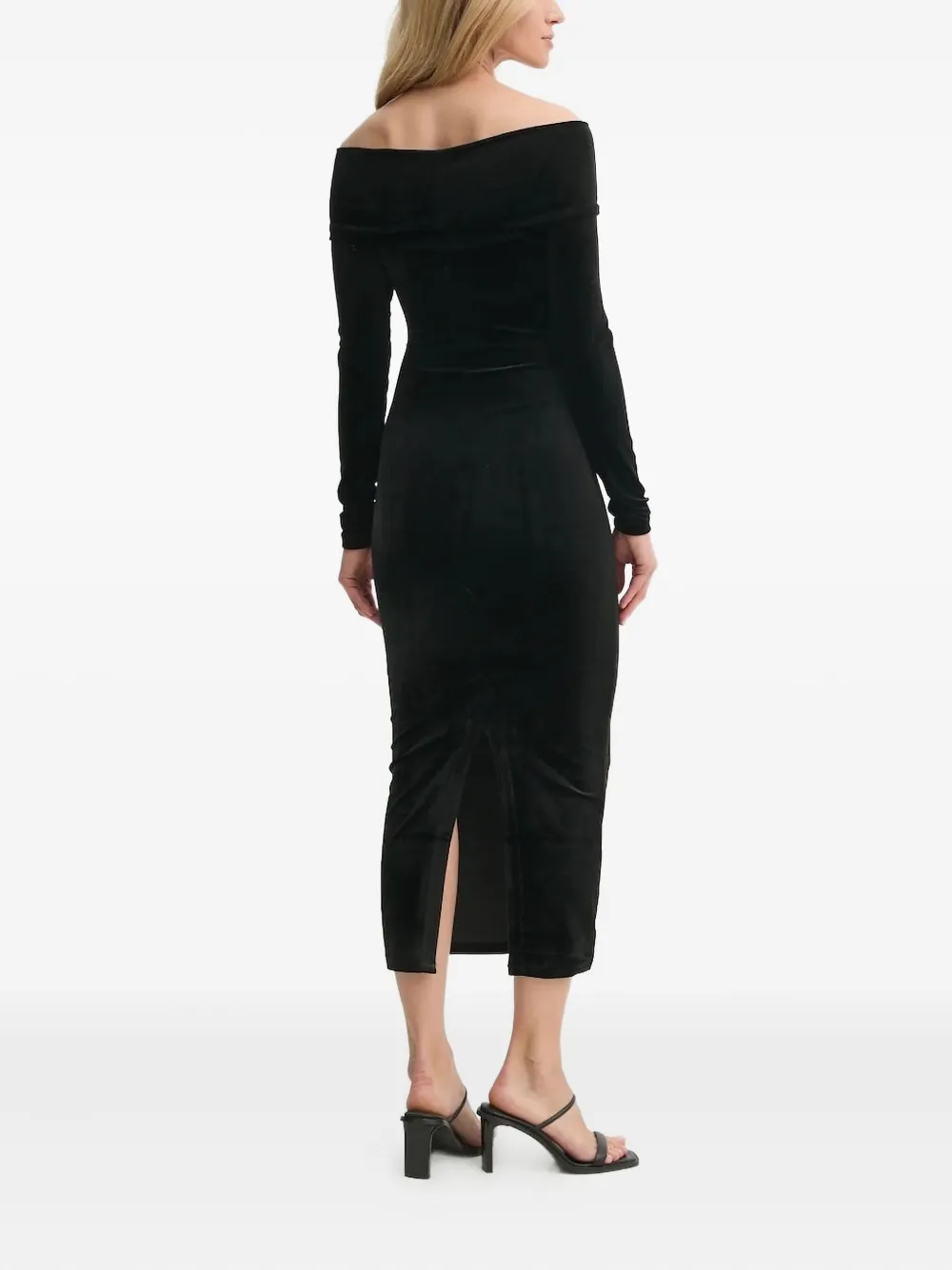 AllSaints off-shoulder velvet midi dress - Zwart