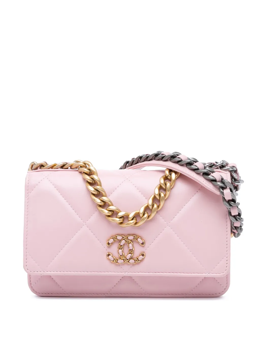 Pre-owned Chanel 2021-2023 Quilted Lambskin 19 Wallet On Chain Satchel In Pink