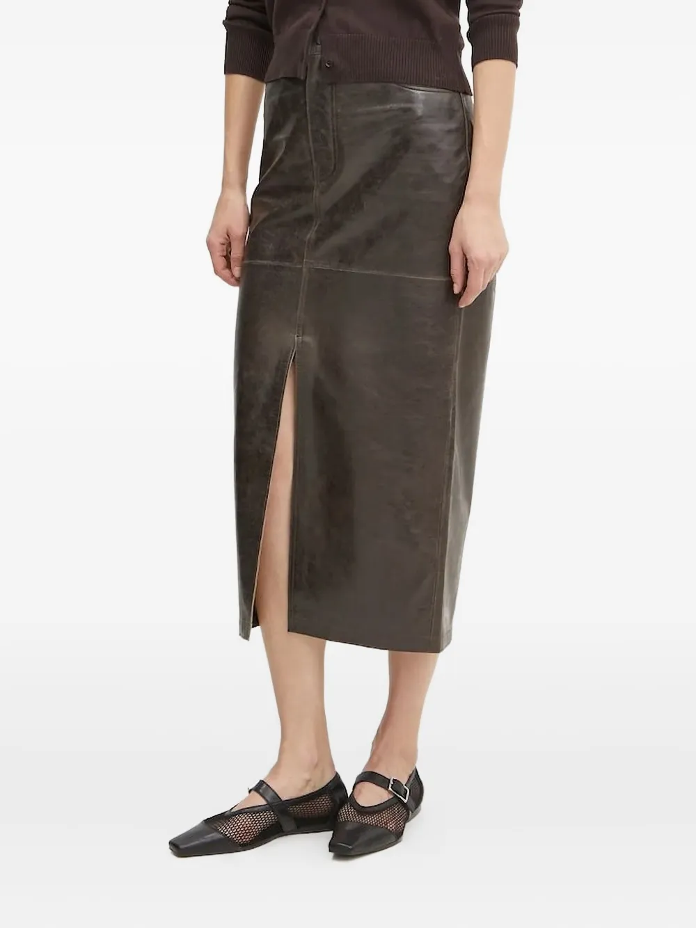 Day Birger Et Mikkelsen Front-slit Leather Midi Skirt In Brown