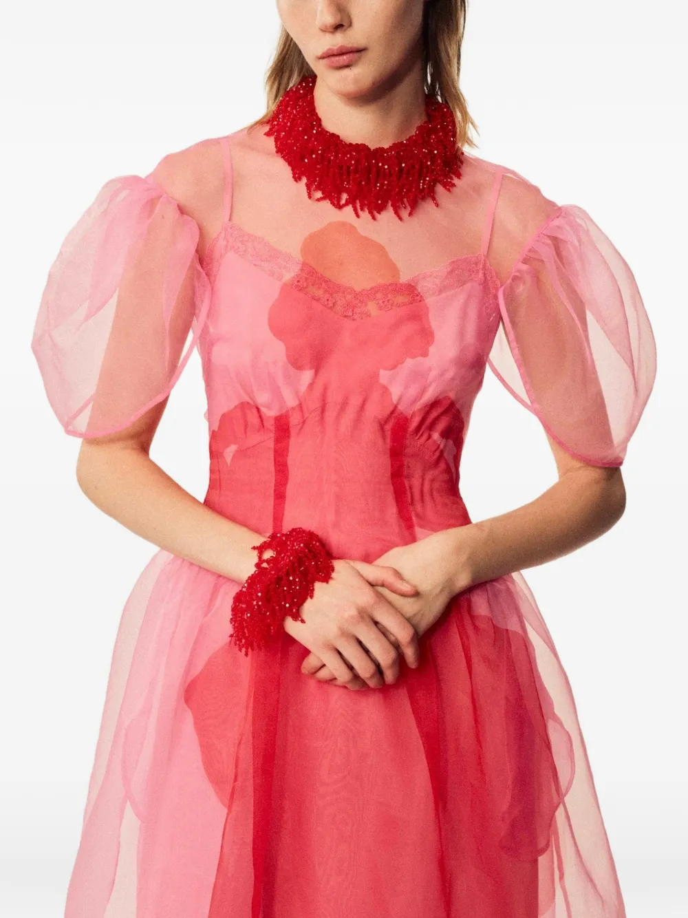Simone Rocha puff-sleeve sculpted-corset Midi Dress | Pink