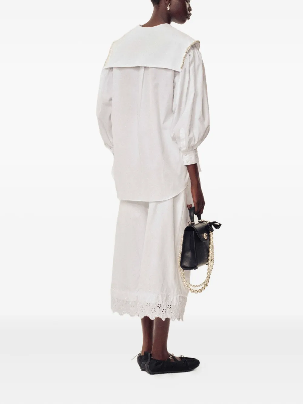 pearl-trimmed puff-sleeve shirt