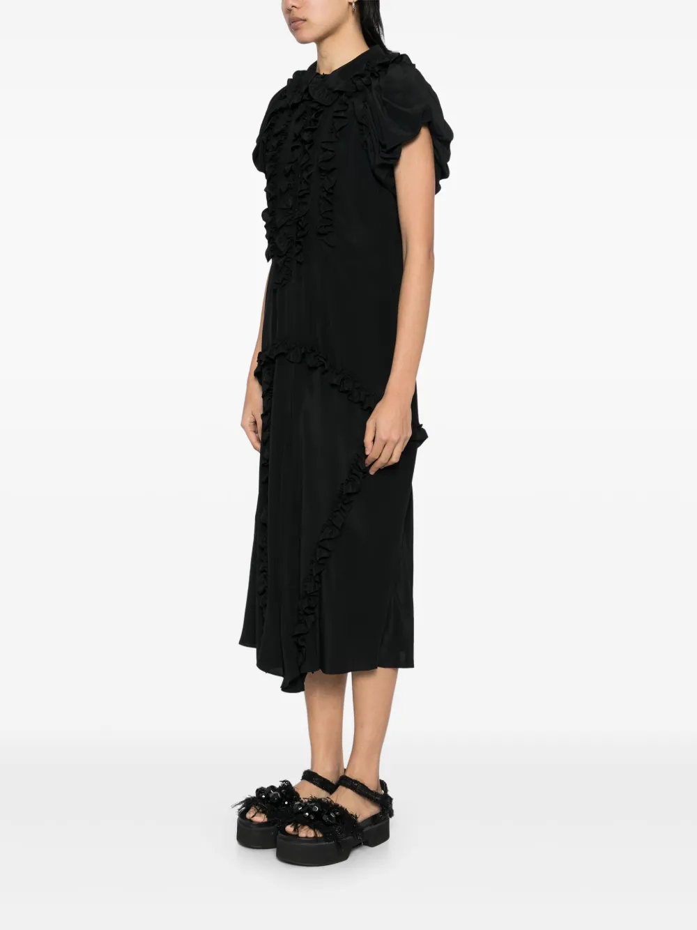 Simone Rocha Midi-jurk met ruches en stiksels Zwart