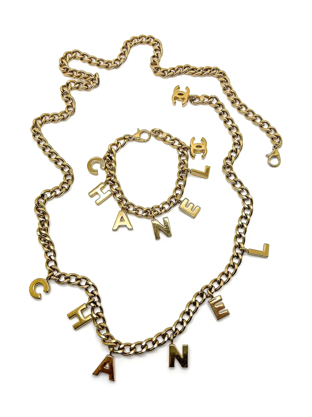 Pre-owned Chanel 2002s Letter-charm Neclace Set In Gold