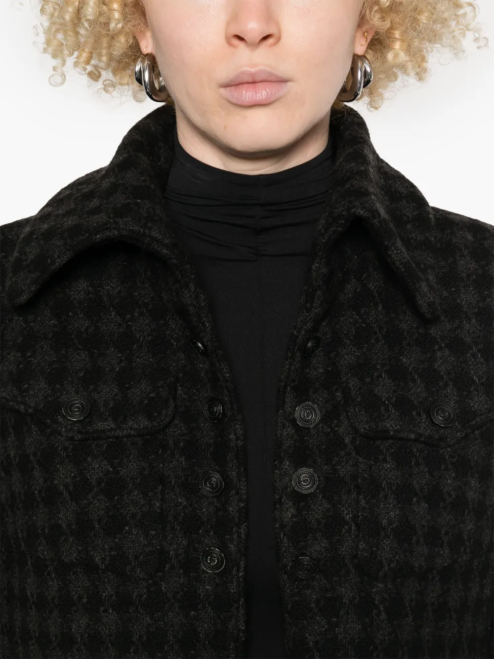 Pre-owned Chanel 2008 Houndstooth Tweed Coat In Black