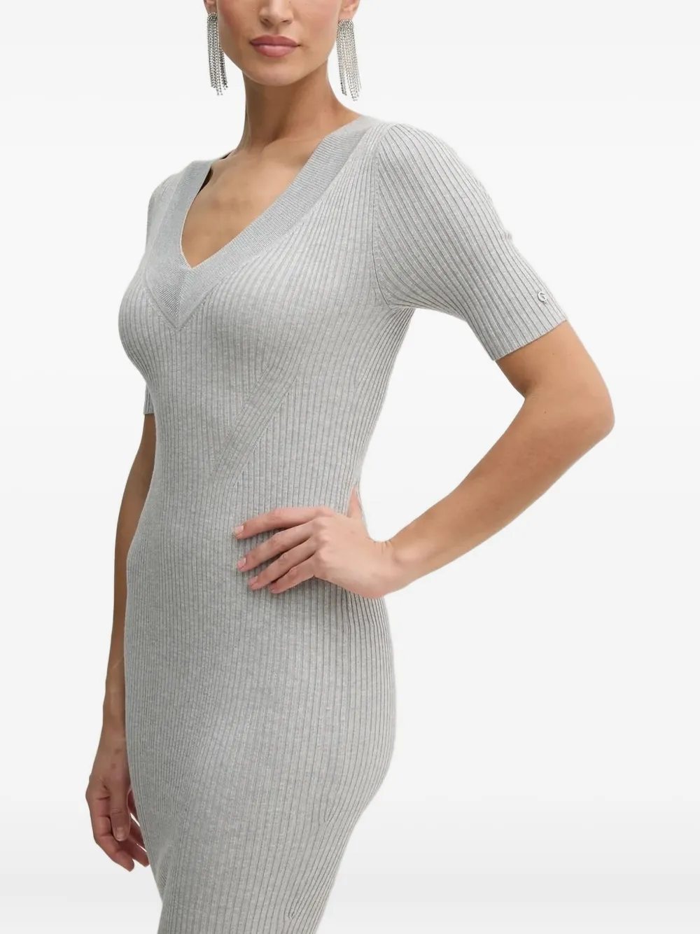 Guess Usa Ribbed V-neck Midi Dress In Gray