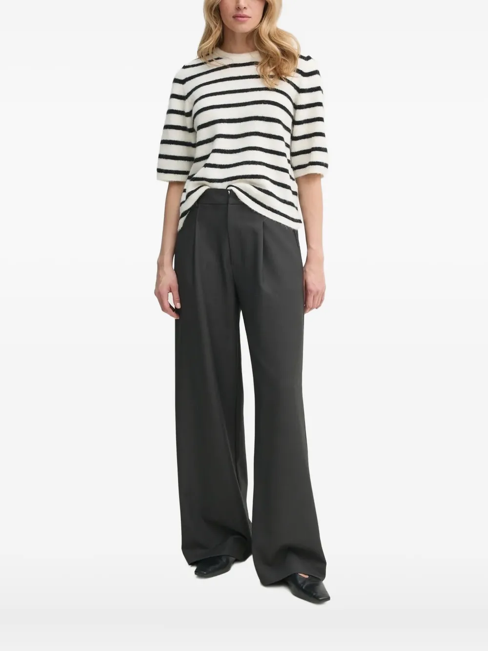 Gestuz Striped Puff-sleeve Knit T-shirt In White