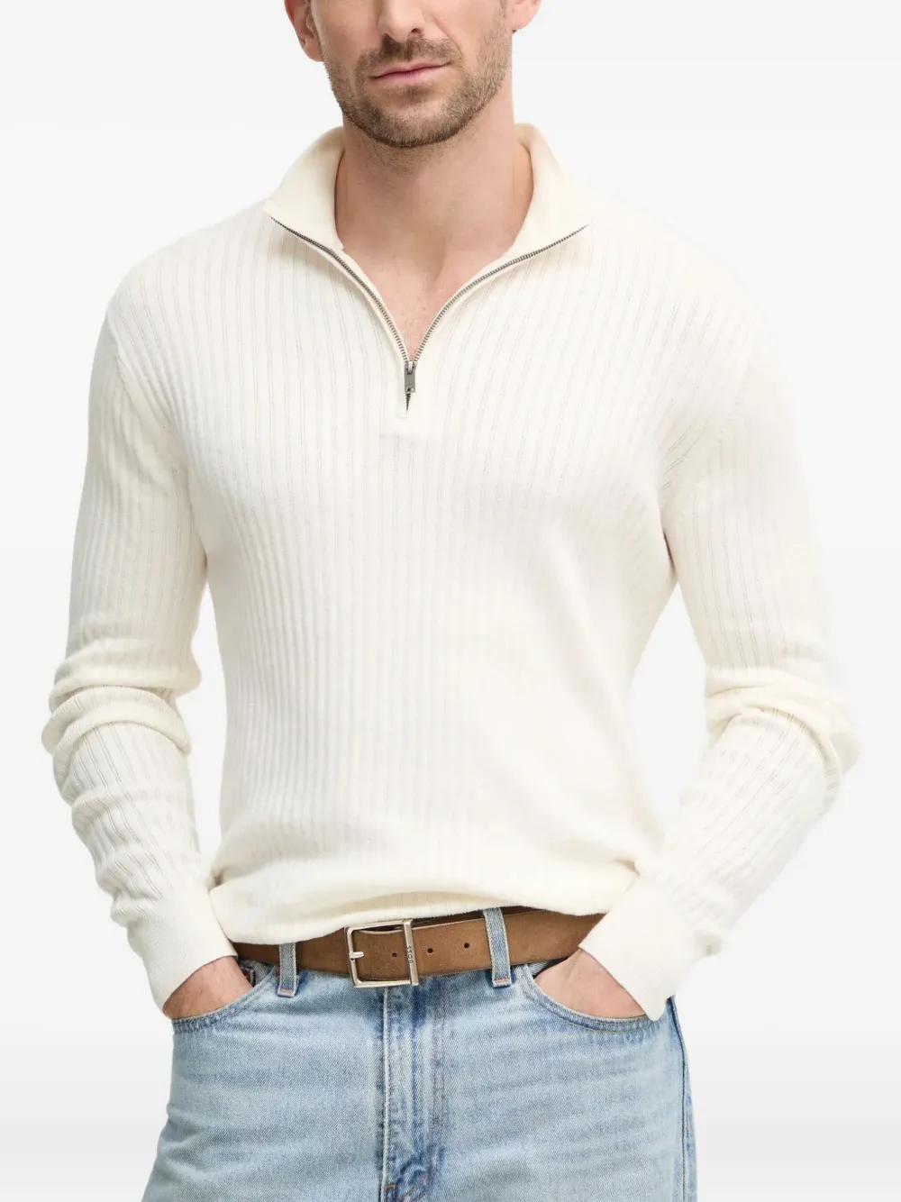 Hackett Ribbed Zip-neck Sweater In White