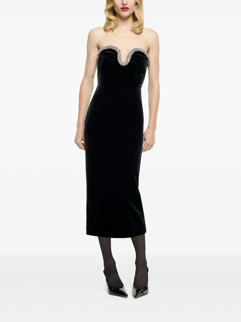 strapless velvet midi dress