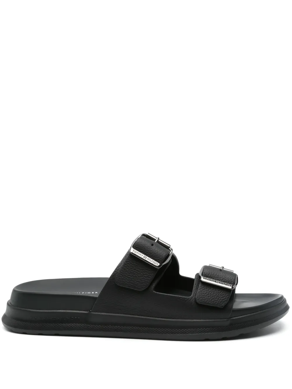 Tommy Hilfiger leather buckle-strap slides Black