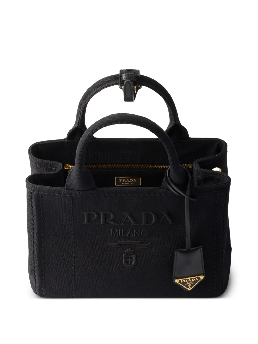 Prada Womens Black Triangle-plaque Embroidered-jacquard Medium Woven Tote Bag In Schwarz