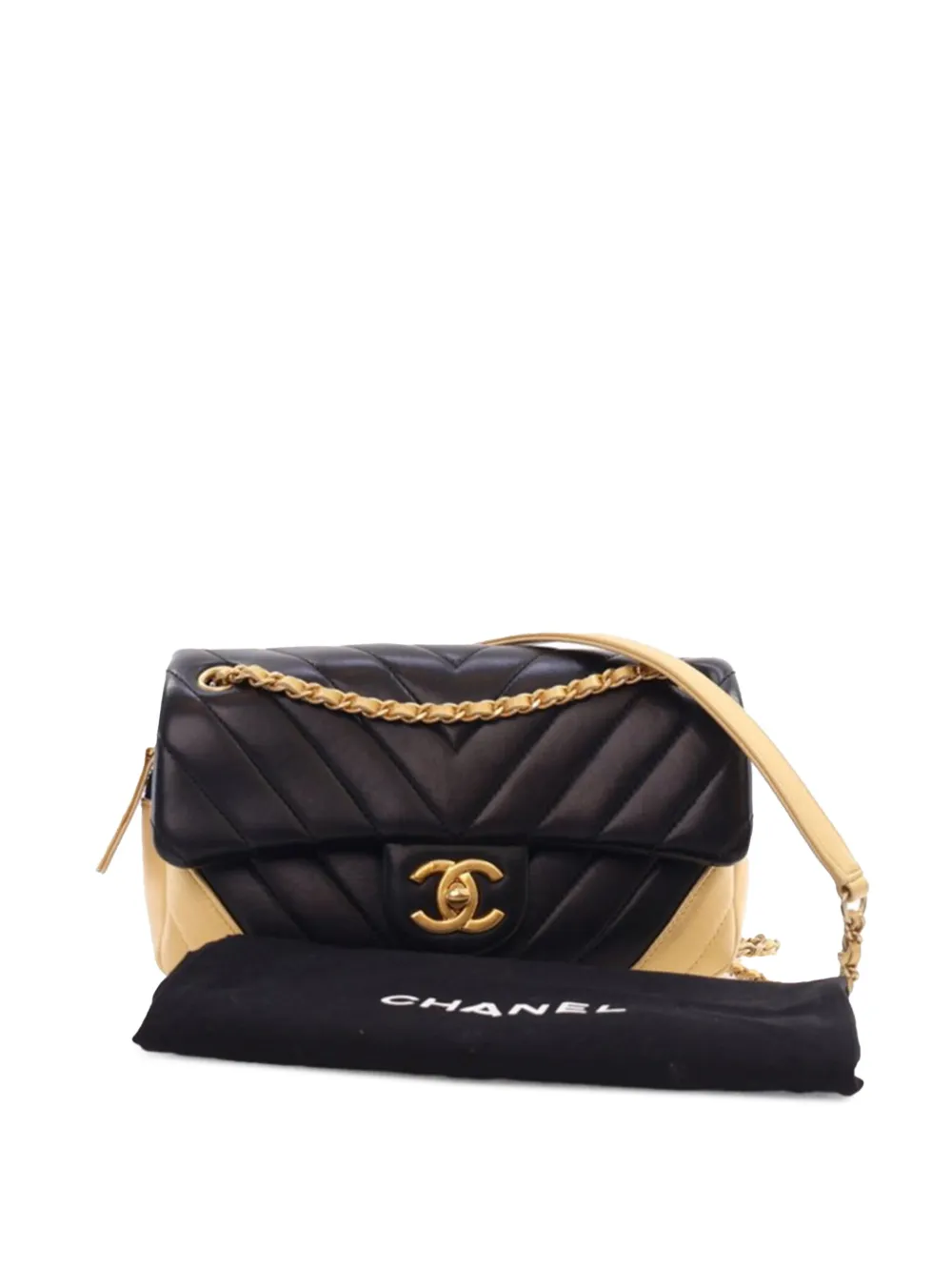 CHANEL Pre-Owned 2014-2015 kleine Single Flap tweekleurige lamsleren schoudertas met chevron streep - Goud