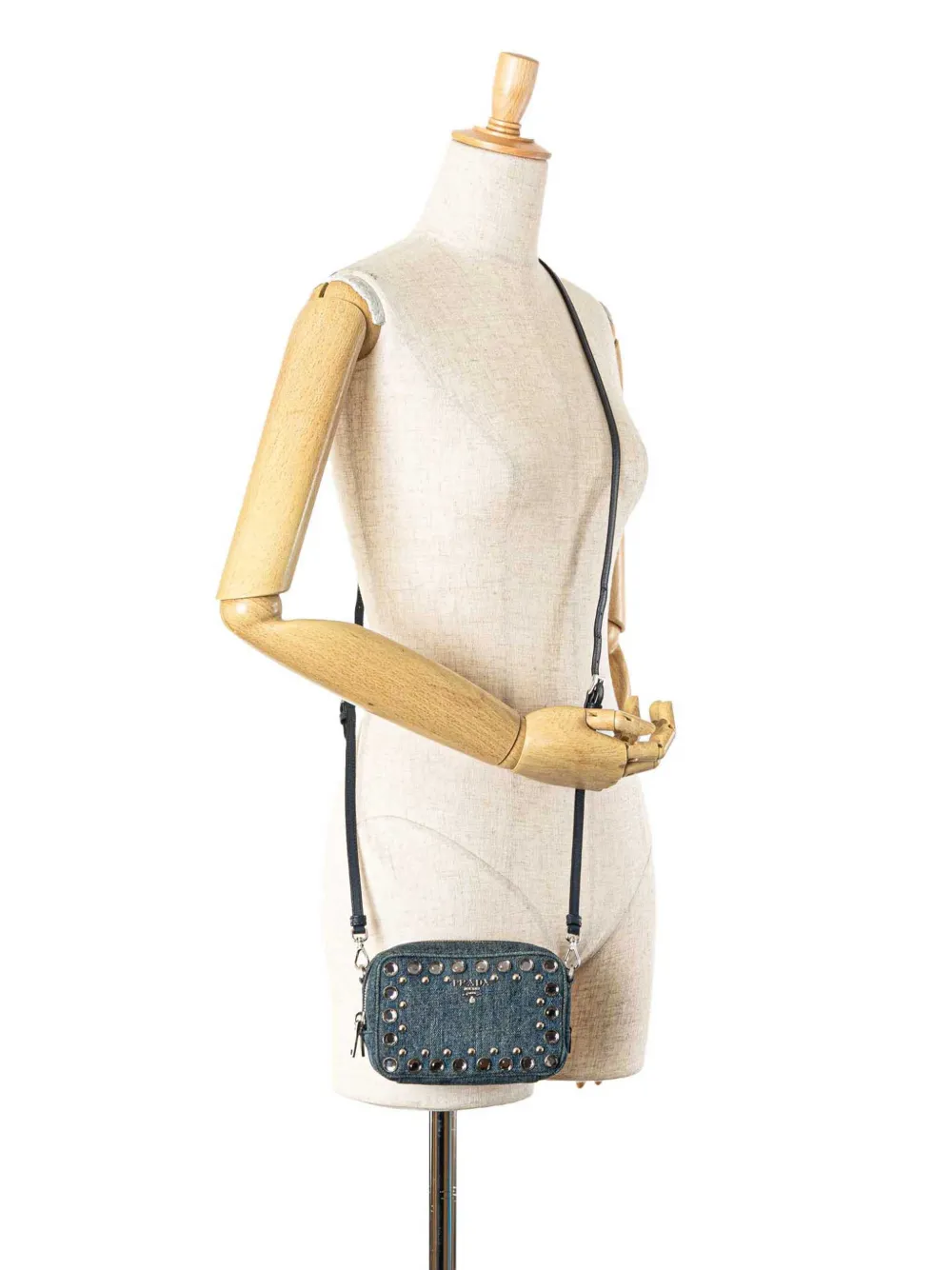 Prada Pre-Owned 2010-2024 Mini Camera denim crossbodytas met studs - Blauw