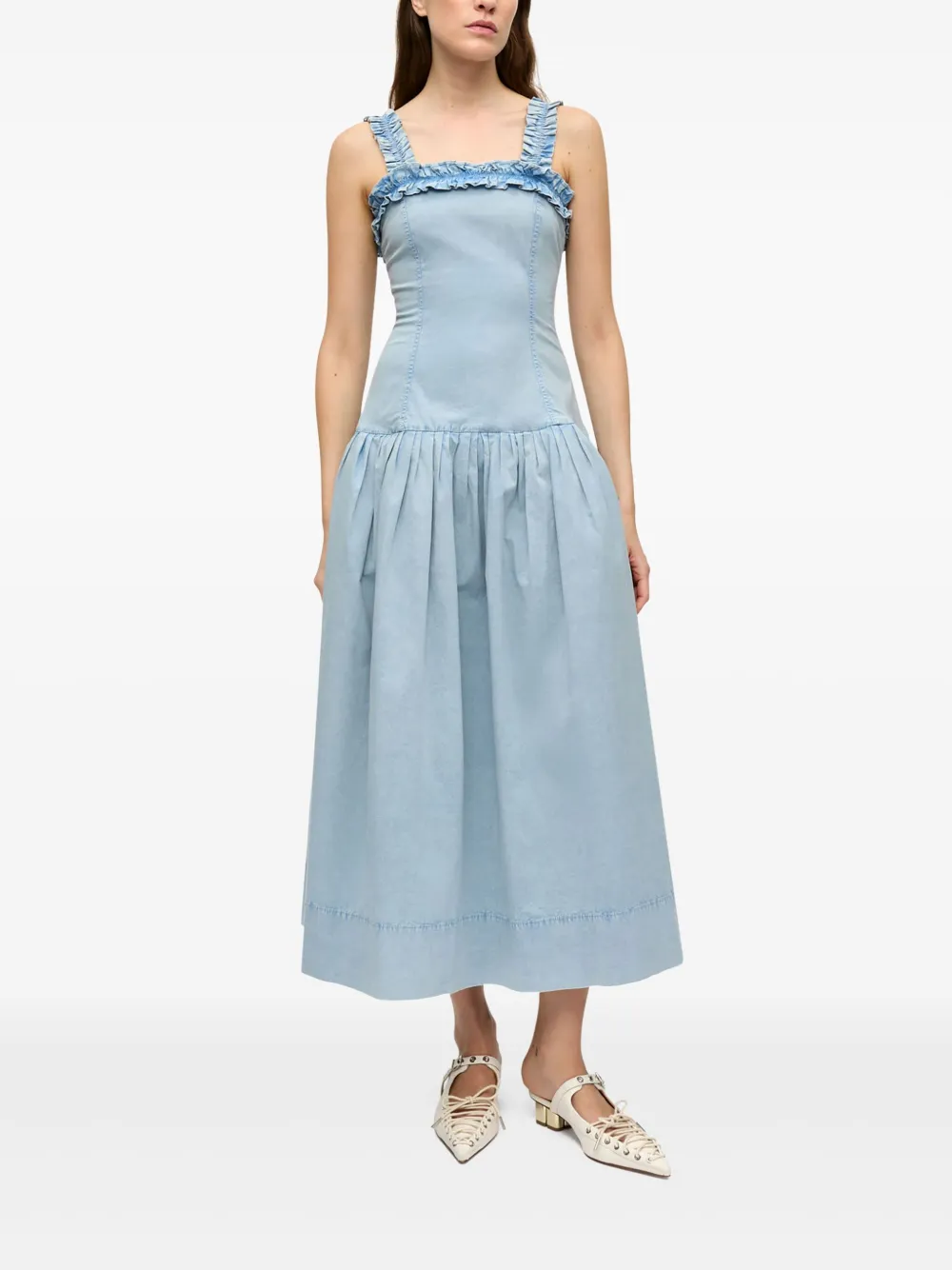 GANNI Midi-jurk met ruches - Blauw