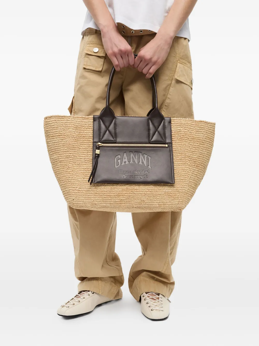 GANNI Raffia shopper Beige