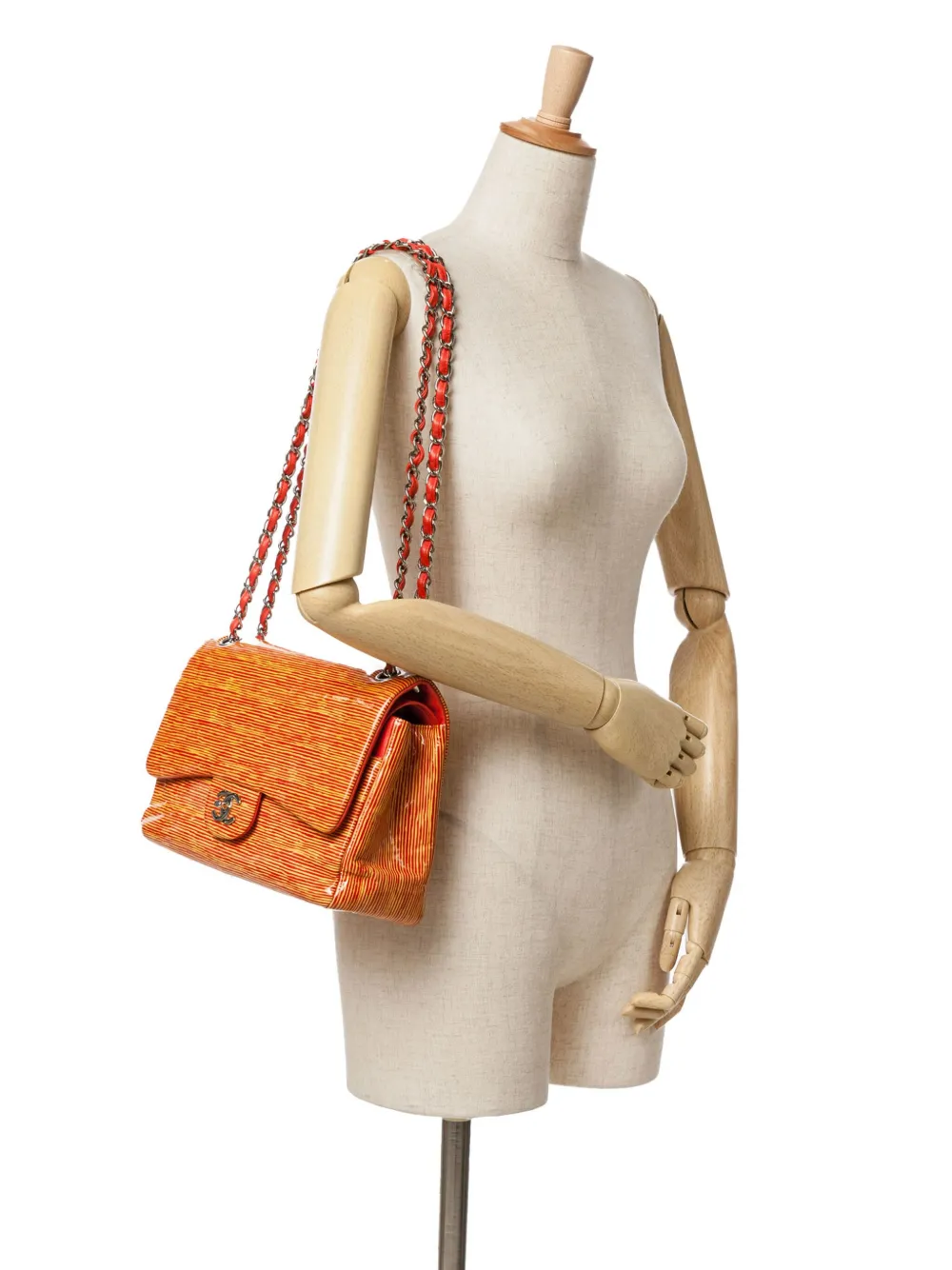 CHANEL Pre-Owned 2013-2014 Jumbo Classic Patent Stiped Double Flap shoulder bag - Oranje