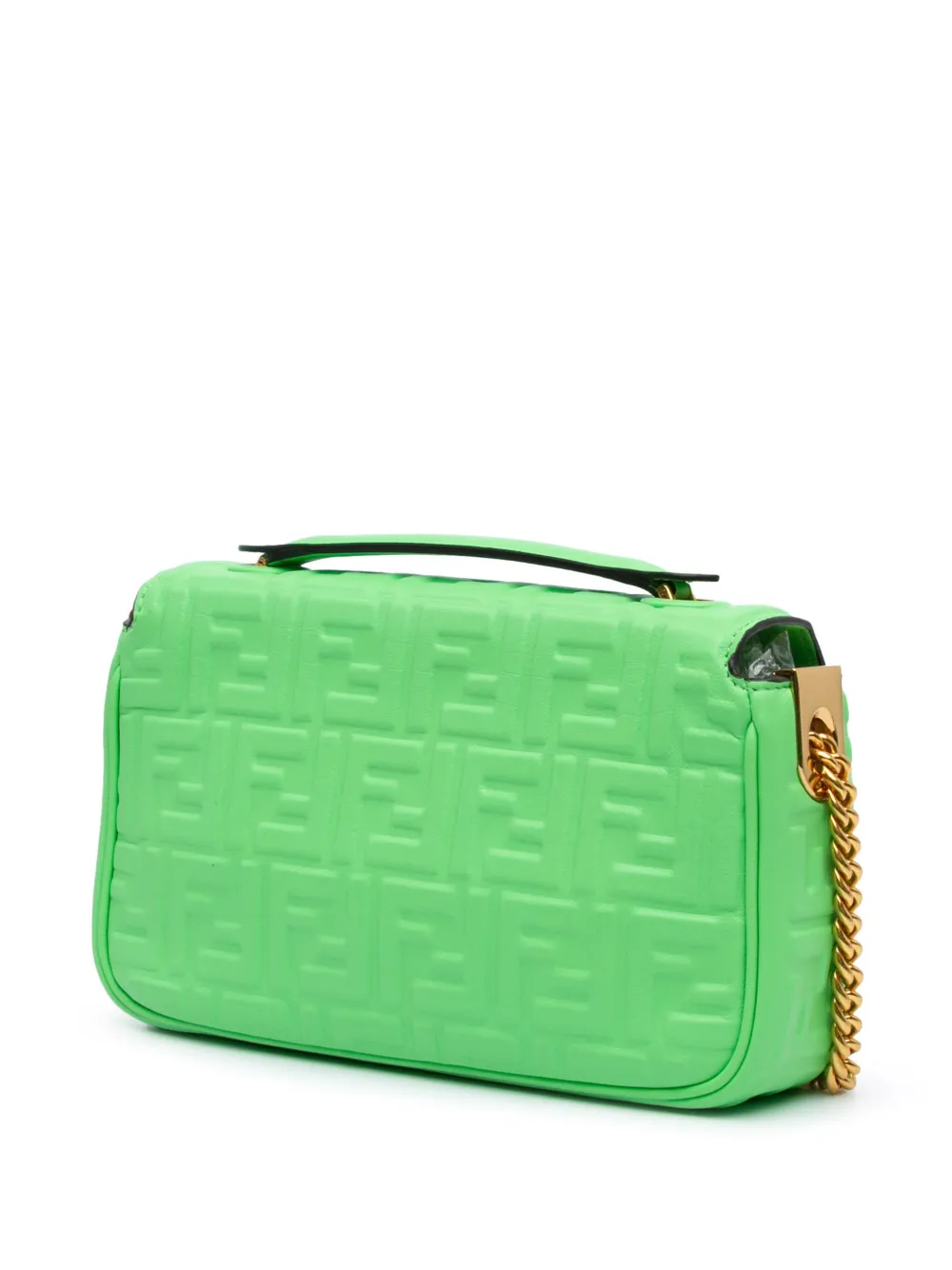 Pre-owned Fendi 2010-2024 Zucca Embossed Leather Chain Midi Baguette Shoulder Bag In Green