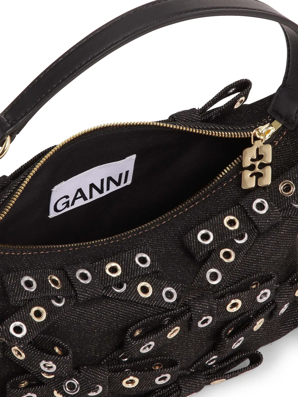 Ganni Denim Small Bow Eyelet Butterfly Pouch Bag In 黑色