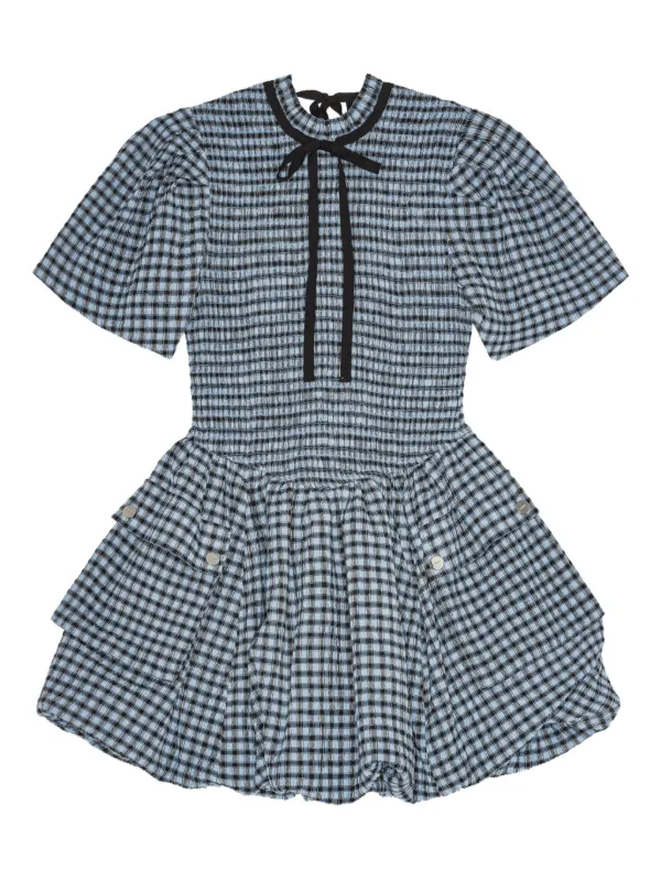 GANNI Checked Seersucker Mini Dress Blue FARFETCH