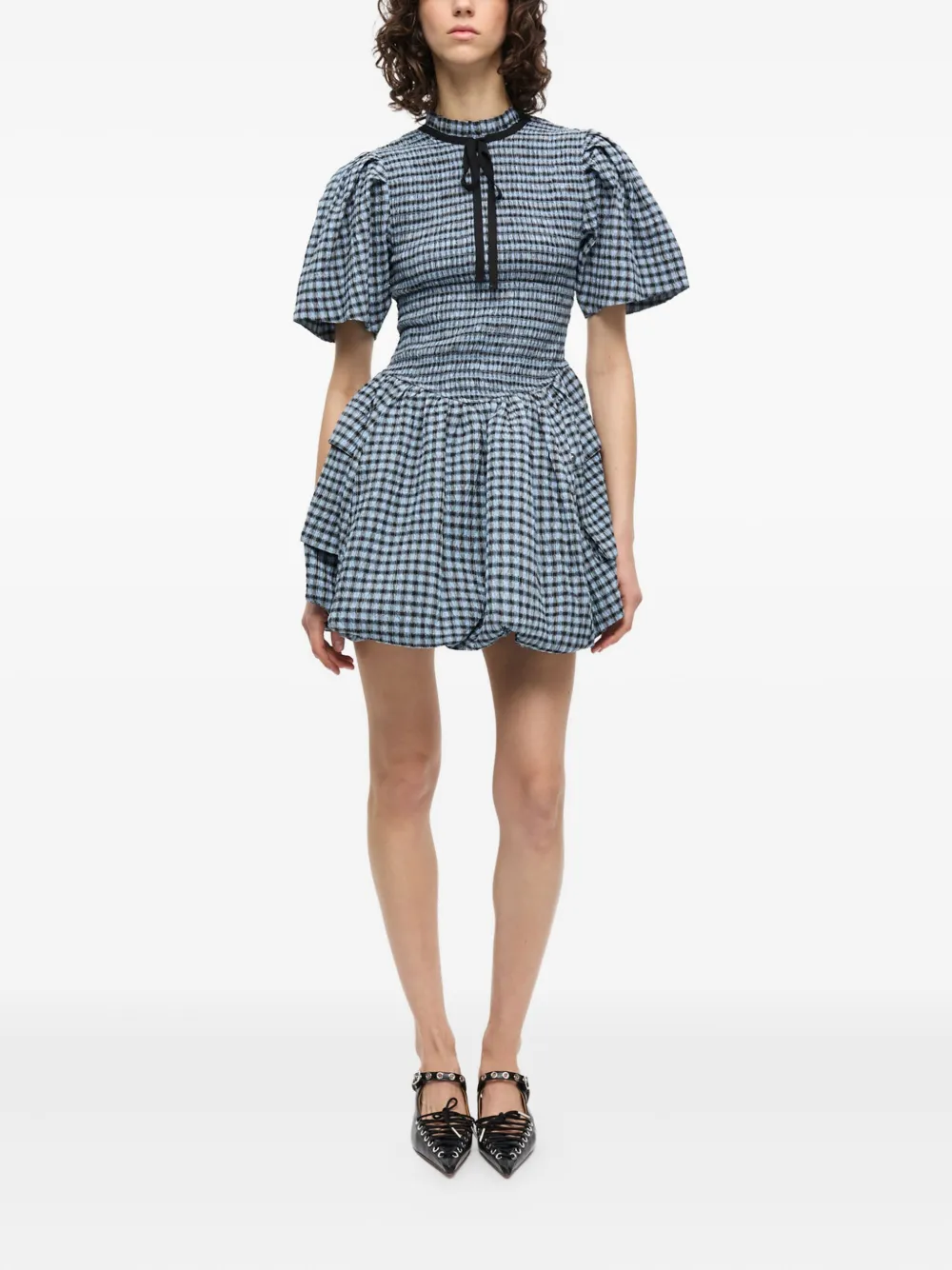 GANNI checked seersucker mini dress - Blauw