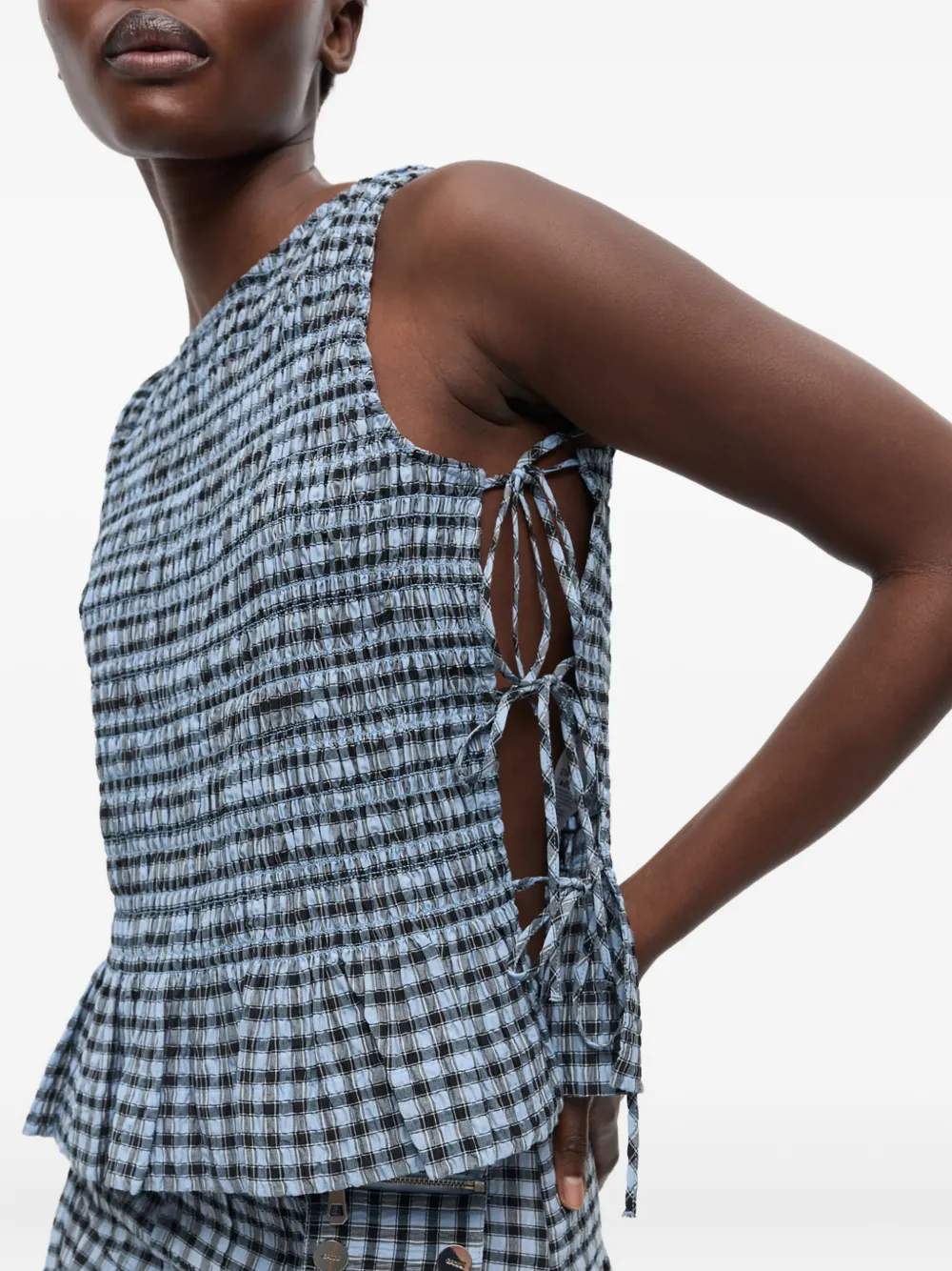 GANNI Geruite top Blauw