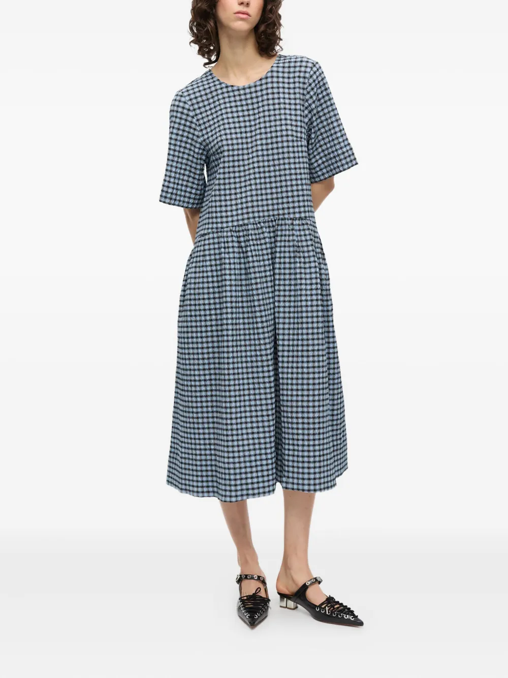 GANNI checked seersucker midi dress - Blauw