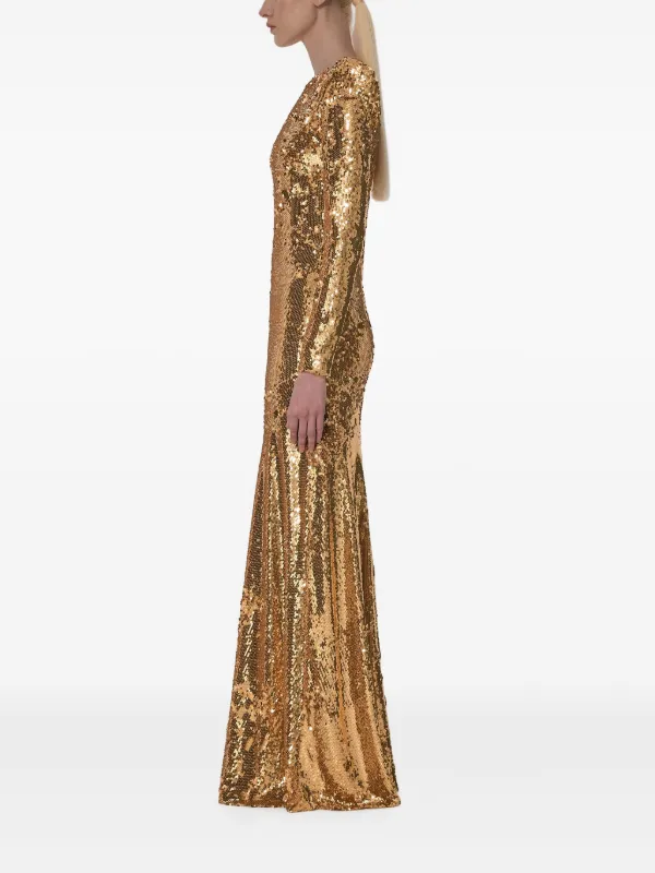 slim fit dress slacks Gold Sequin Draped Sleeve V-Neck Gown main image 1