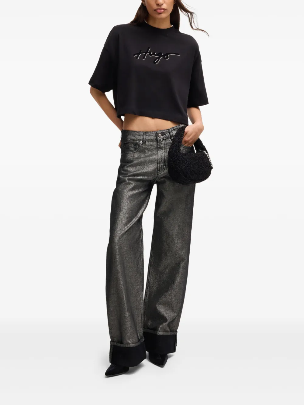 HUGO Metallic high waist jeans - Zwart