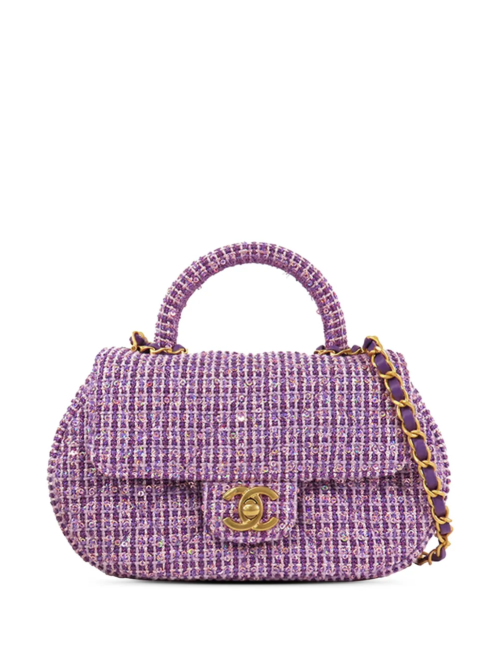 CHANEL Pre-Owned 2021-2024 CC Quilted Tweed Top Handle Flap satchel - Purple