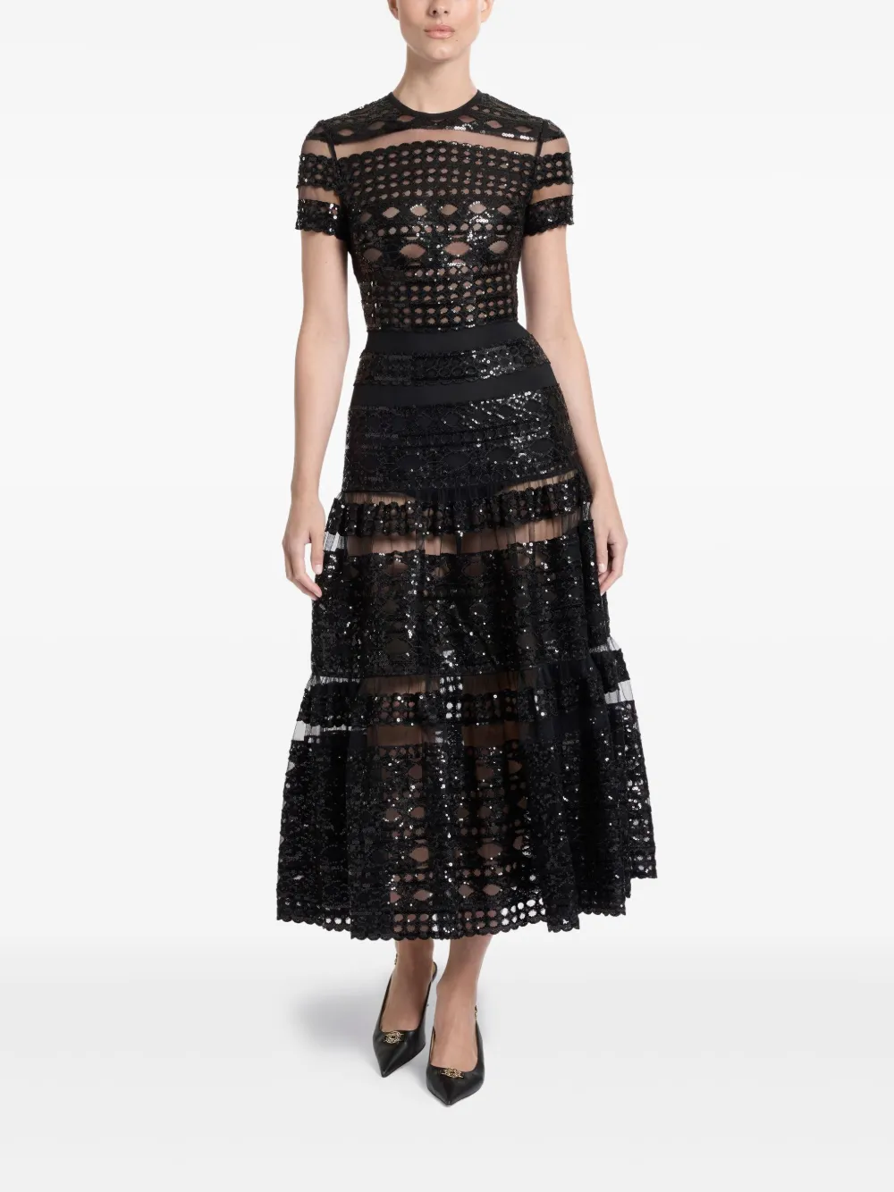 Elie Saab tulle embroidered midi dress - Zwart